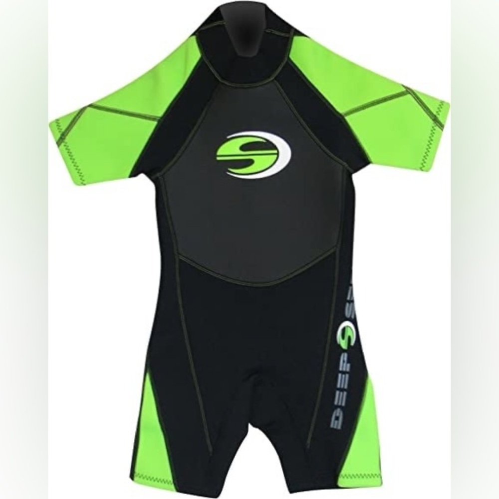 Deep See Boys Black & Lime Green Short Sleeve Wet Suit Size XLarge EUC